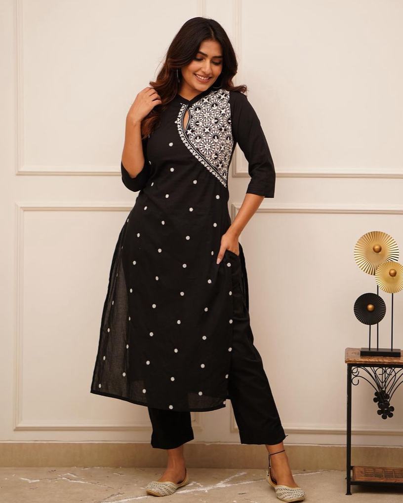 Black Elegance: Embroidered Cotton Kurta Set