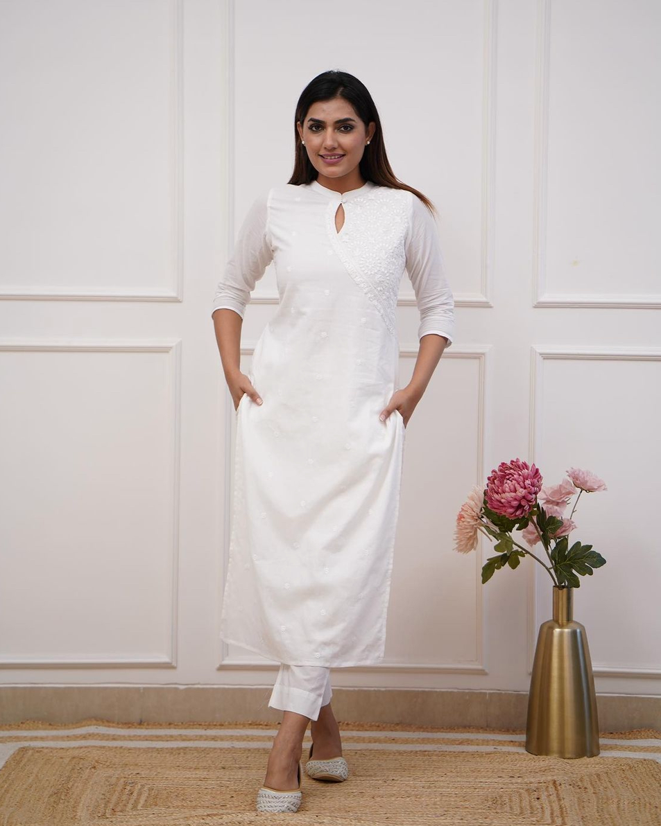 White Elegance: Embroidered Cotton Kurta Set